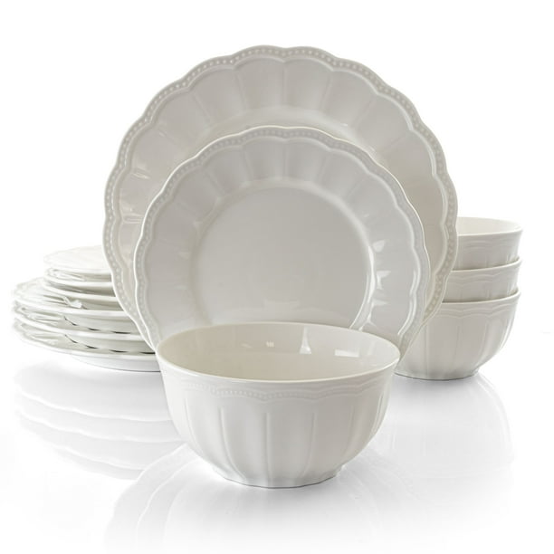 Gibson Ultra 12 Piece Scalloped Fine Ceramic Dinnerware Set in White