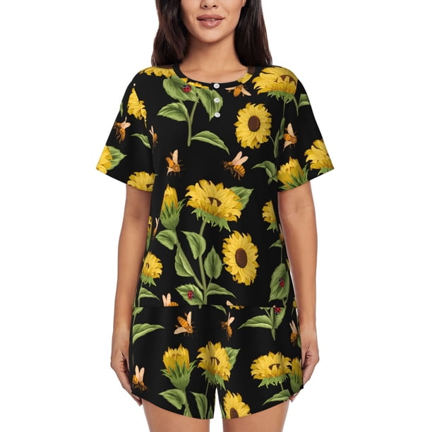 Balery Bees and Sunflowers Conjunto de Pijama para Mujer con Estampado, Dos Piezas de Manga Corta y Shorts, Ropa de Dormir Suave con Cuello Redondo y Bolsillos-XX-Large