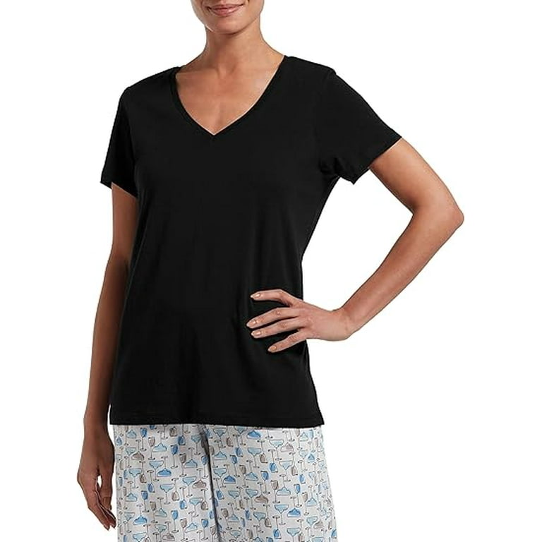売れ筋商品|||ヒュー Tシャツ トップス レディース Women's Sleepwell Solid 3/4 V-Neck T-Shirt with Temperature Regulating Technology Black HUE Women's Basic Short Sleeve V-Neck T-Shirt for Lounging