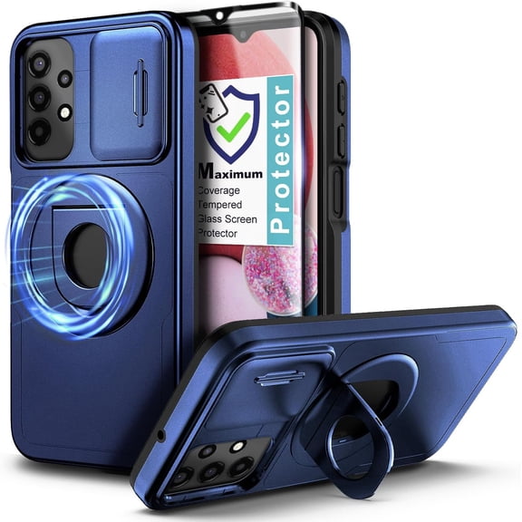 Nagebee For Samsung Galaxy A25 5G Case with Tempered Glass Screen Protector, [Military-Grade] Full-Body Protective, Magnetic Car Ring Holder Cover Case (Blue)