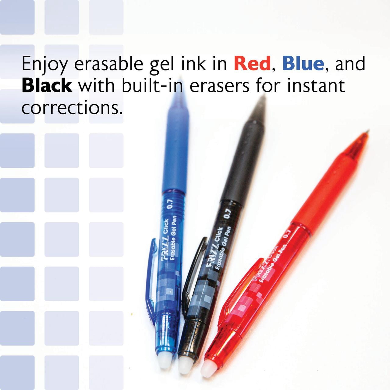 BAZIC Frizz Retractable Erasable Gel Pens, 0.7mm Medium Point, Assorted Colors Inks, Comfort Grip, 1-Pack