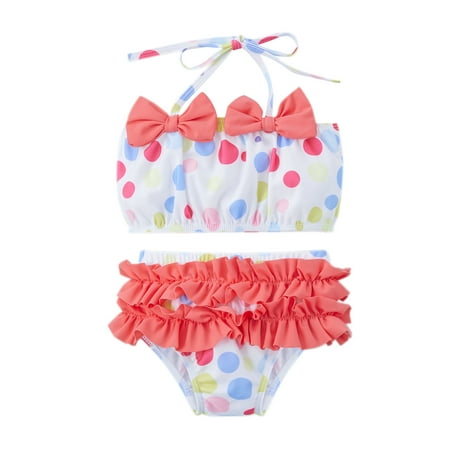 

xkwyshop Kids Baby Girls Summer Swimwear Dot Print Sleeveless Bows Halter Bra Tops Ruffle Briefs Shorts 2Pcs Bathing Suit Set