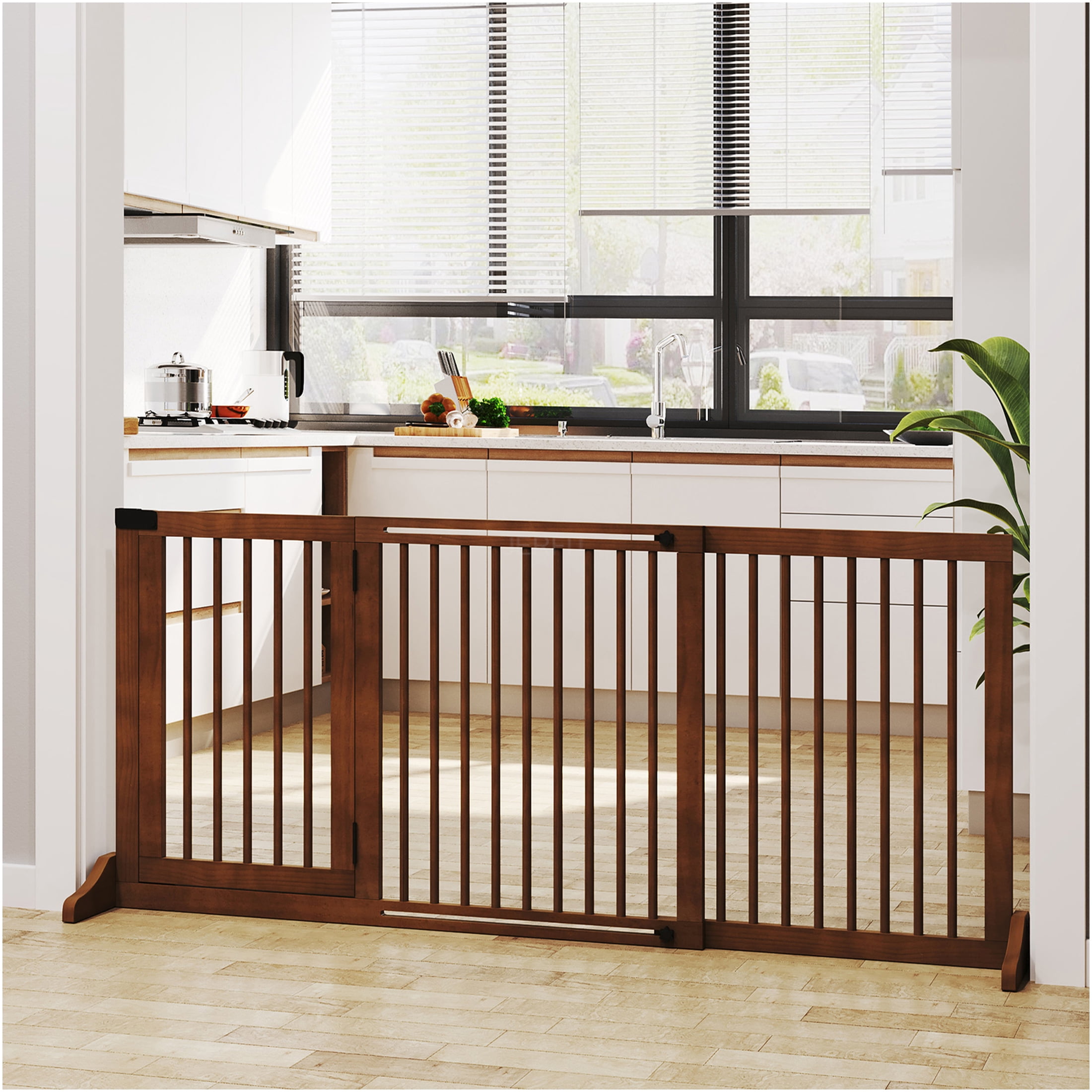 JERFIT Adjustable 3-Panel Freestanding Pet Gate with Locking Door, 44.5"-65.25" L x 28" H, Brown Wood Dog Fence for Doorways & Stairs