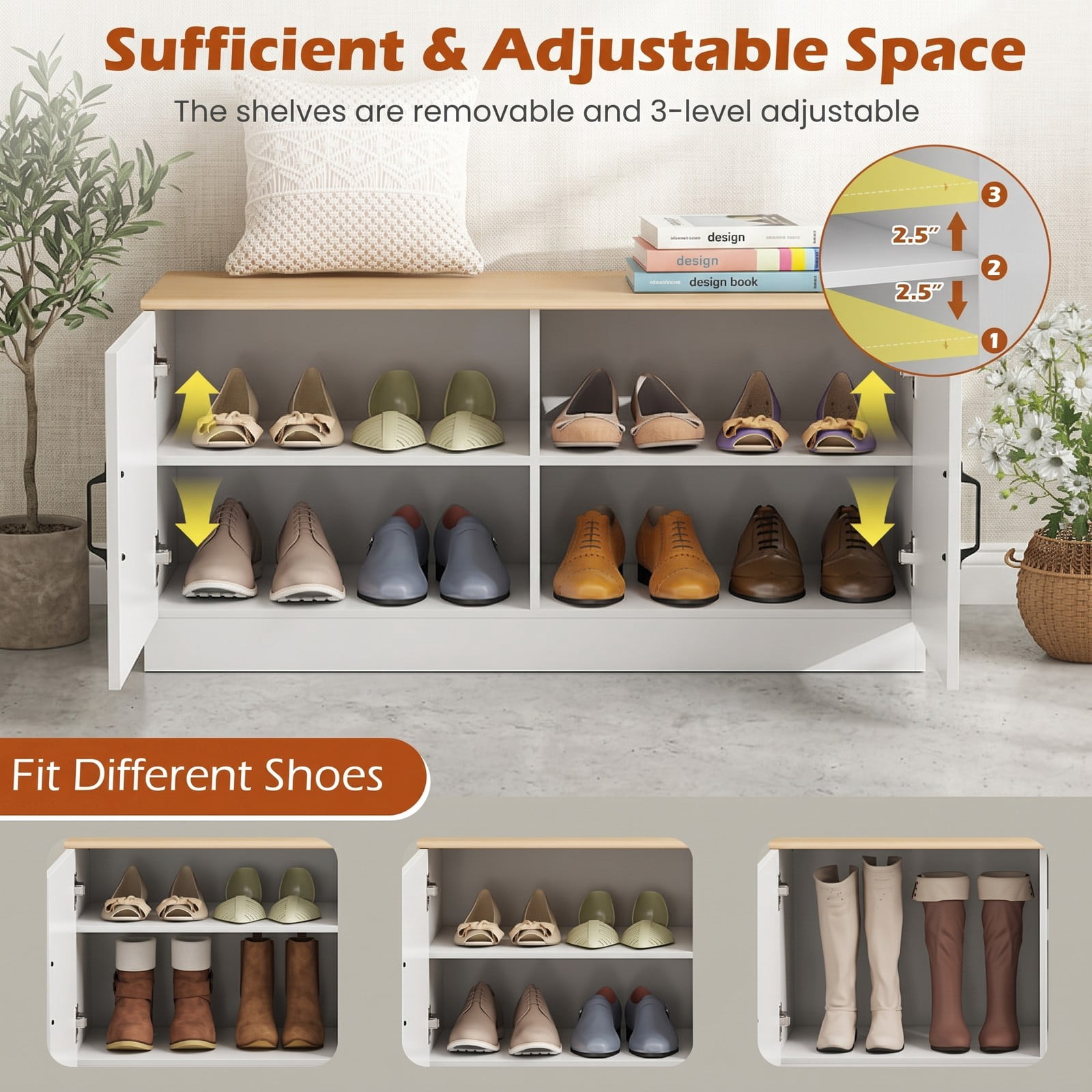 Furnibear 2-Door Shoe Bench Storage Cabinet with Adjustable Shelves and Wide Seat for Entryway Hallway and Bedroom, Natural