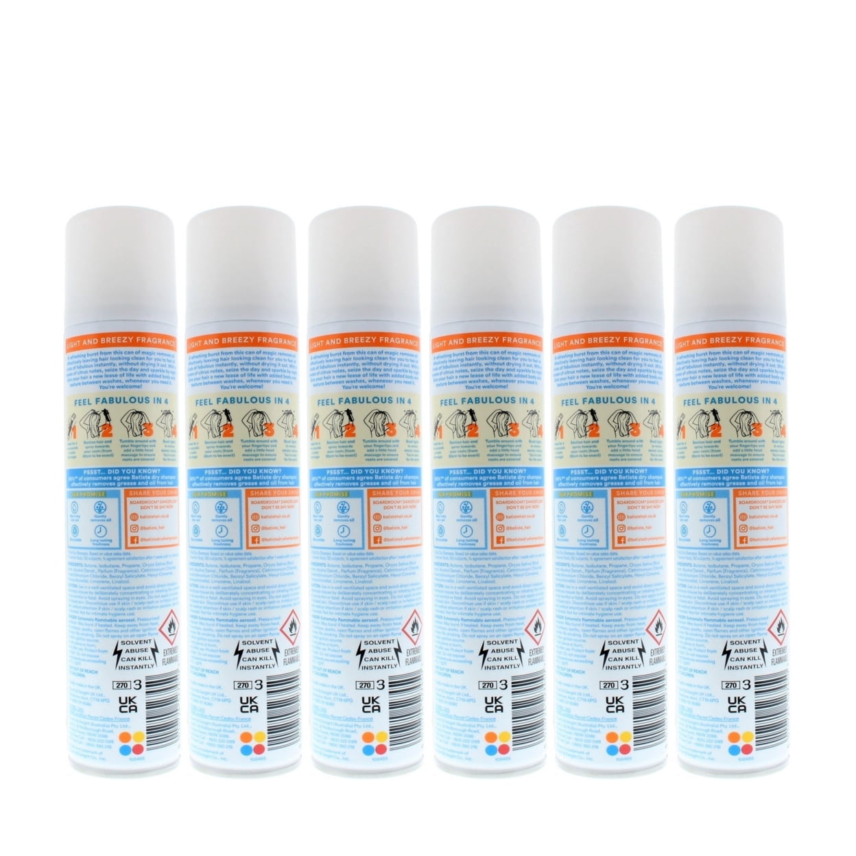 Batiste Dry Shampoo Fresh Breezy Citrus 200ml 6 Pack Instant Hair Refresh
