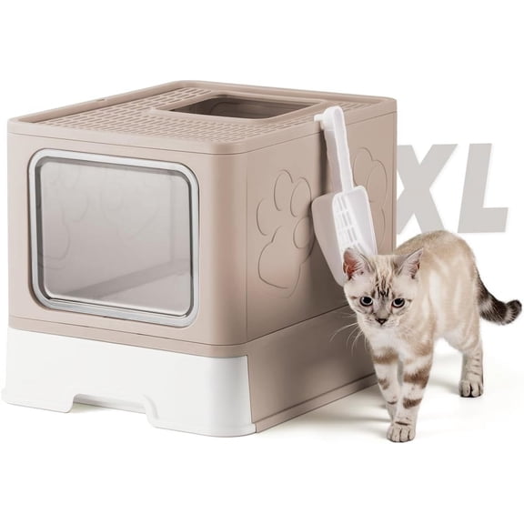 Enclosed Litter Box with Lid, X-Large Foldable Cat Litter Box, Covered Kitty Litter Box, Two-Way Entry and Exit Cat Box with Scoop, Odor Control, Easy to Clean(Coffee)