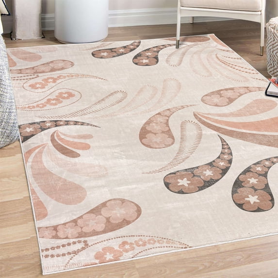 Abstract Decorative Rug, Contemporary Leaves and Blossoms Daisy Spring Season Geometric Style Art, Quality Carpet for Bedroom Dorm and Living Room, 6 Sizes, Pale Salmon, by Ambesonne