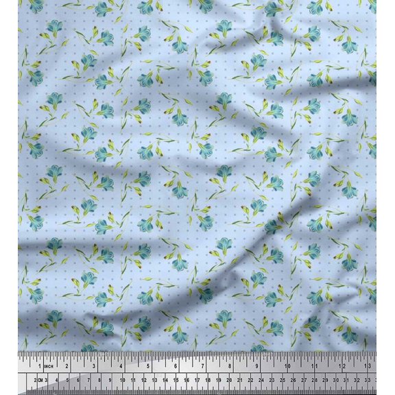 Soimoi Blue Cotton Duck Fabric Dot & Freesia Floral Print Sewing Fabric Yard 42 Inch Wide