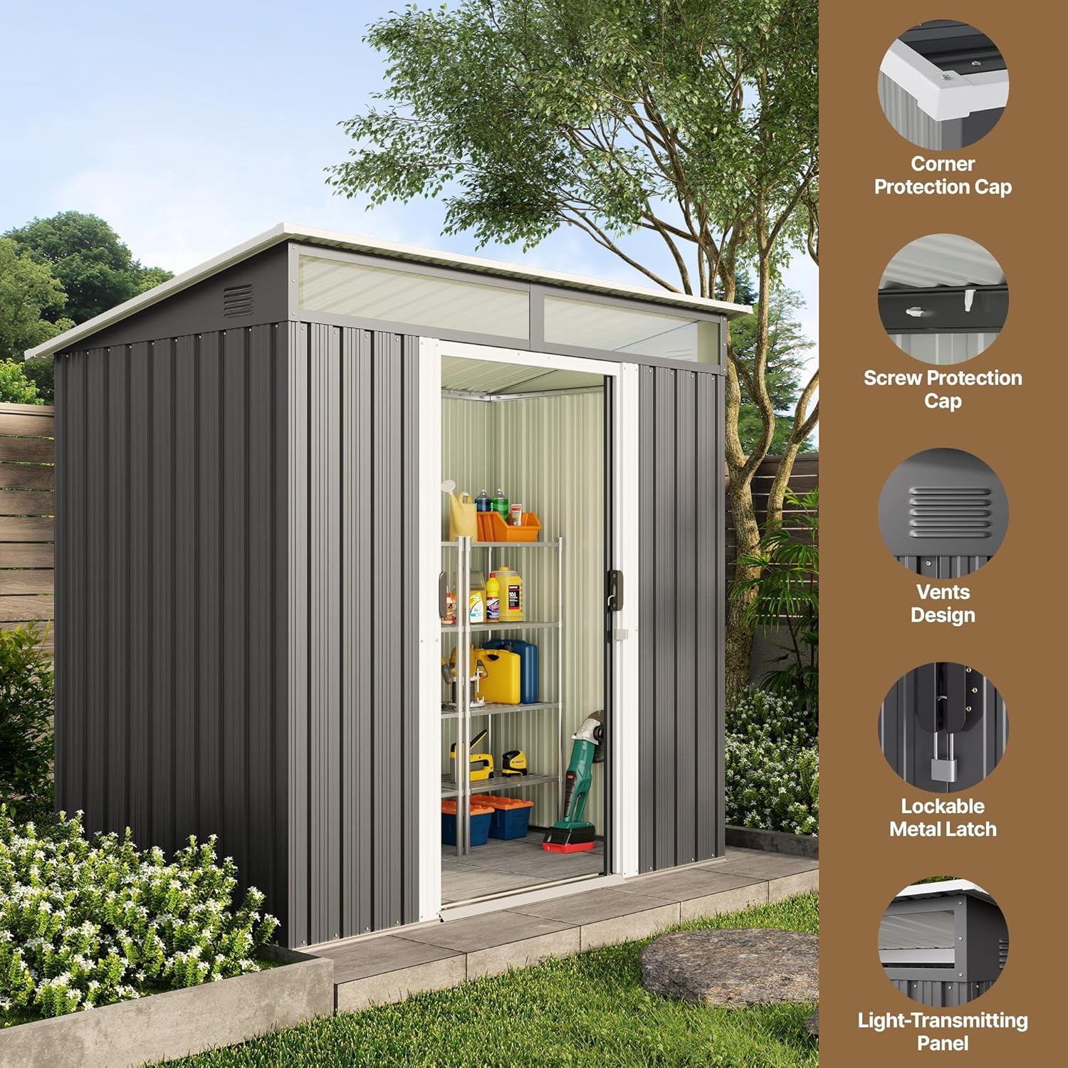 Storage Shed, 6 x 4 FT Outdoor Metal Shed with Double Sliding Lockable Doors, Waterproof Tool House for Garden Backyard, Grey