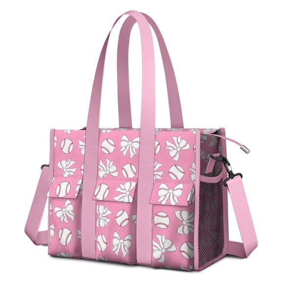 Teacher Tote Bag,Pink Bows and Baseballs Pattern Teacher Utility Tote Bag,Large Work Tote Bags for Women with Multiple Pockets,Top Zipper Closure,13.8x10.6x6.7 Inch