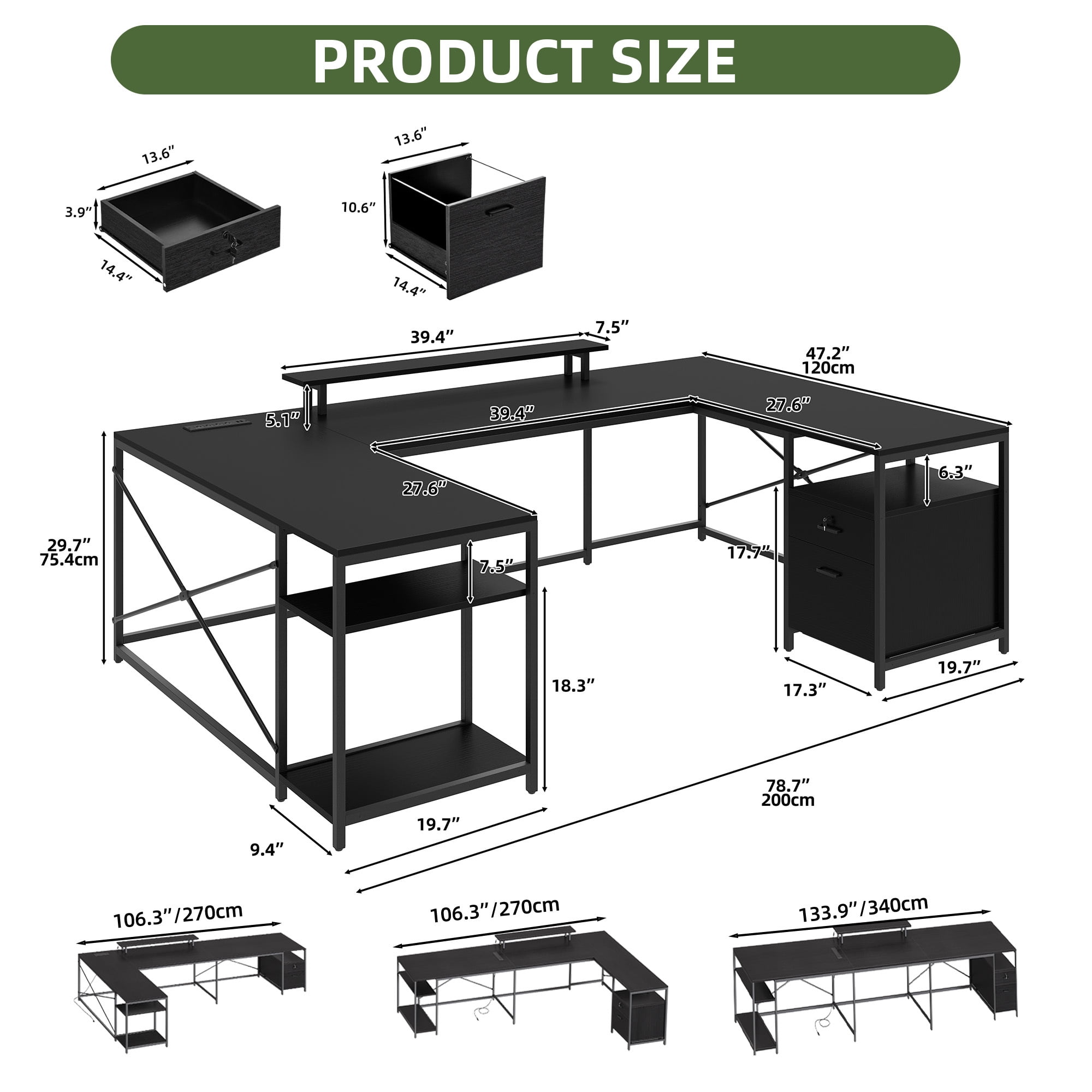 Uforic U Shaped Computer Desk with Power Outlets and LED Lights, Reversible L Shape Desk for Home Office, Black