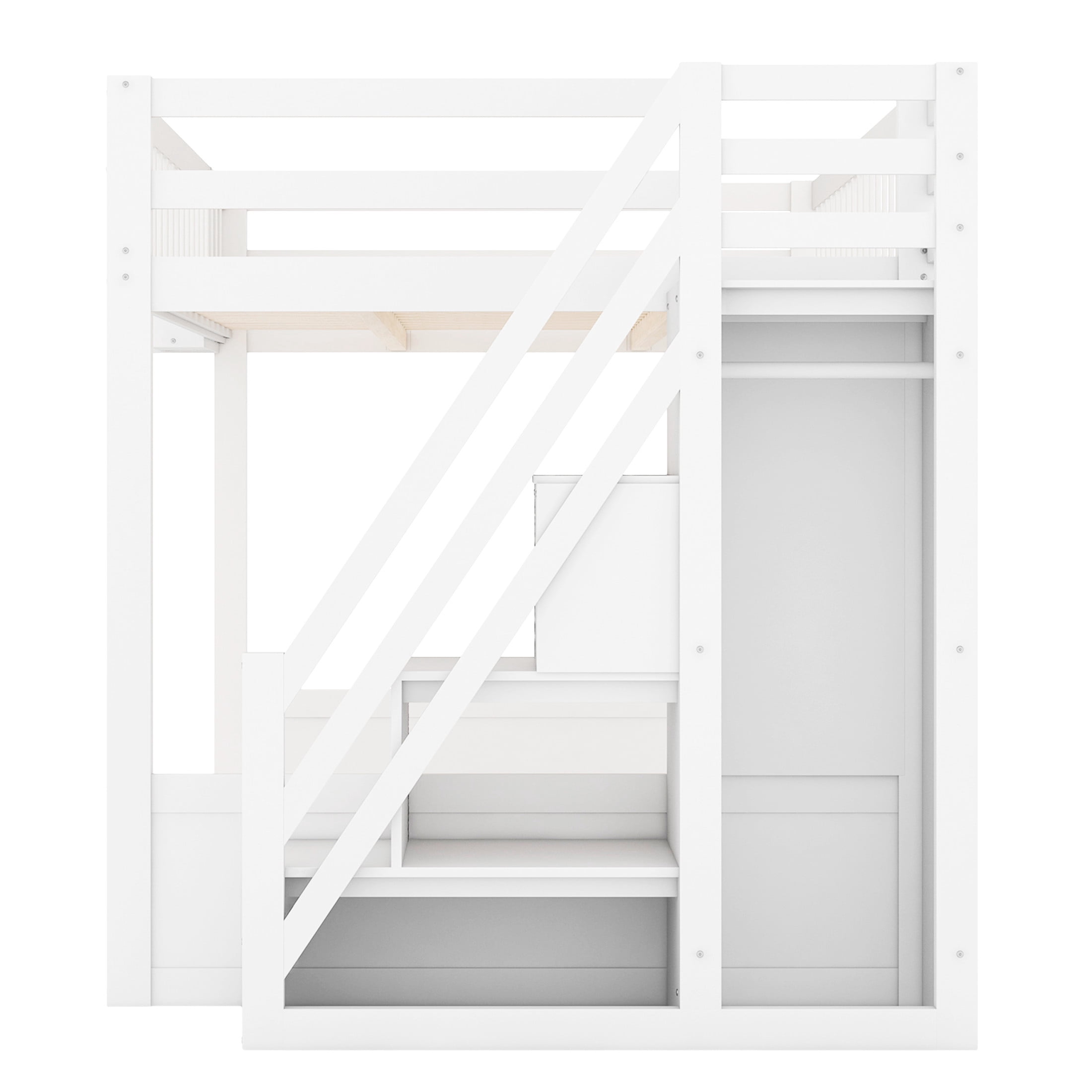 Noble House Brindle Queen Size Loft Bed with Storage Staircase and Wardrobe, Wood High Loft, Under-bed Space, White