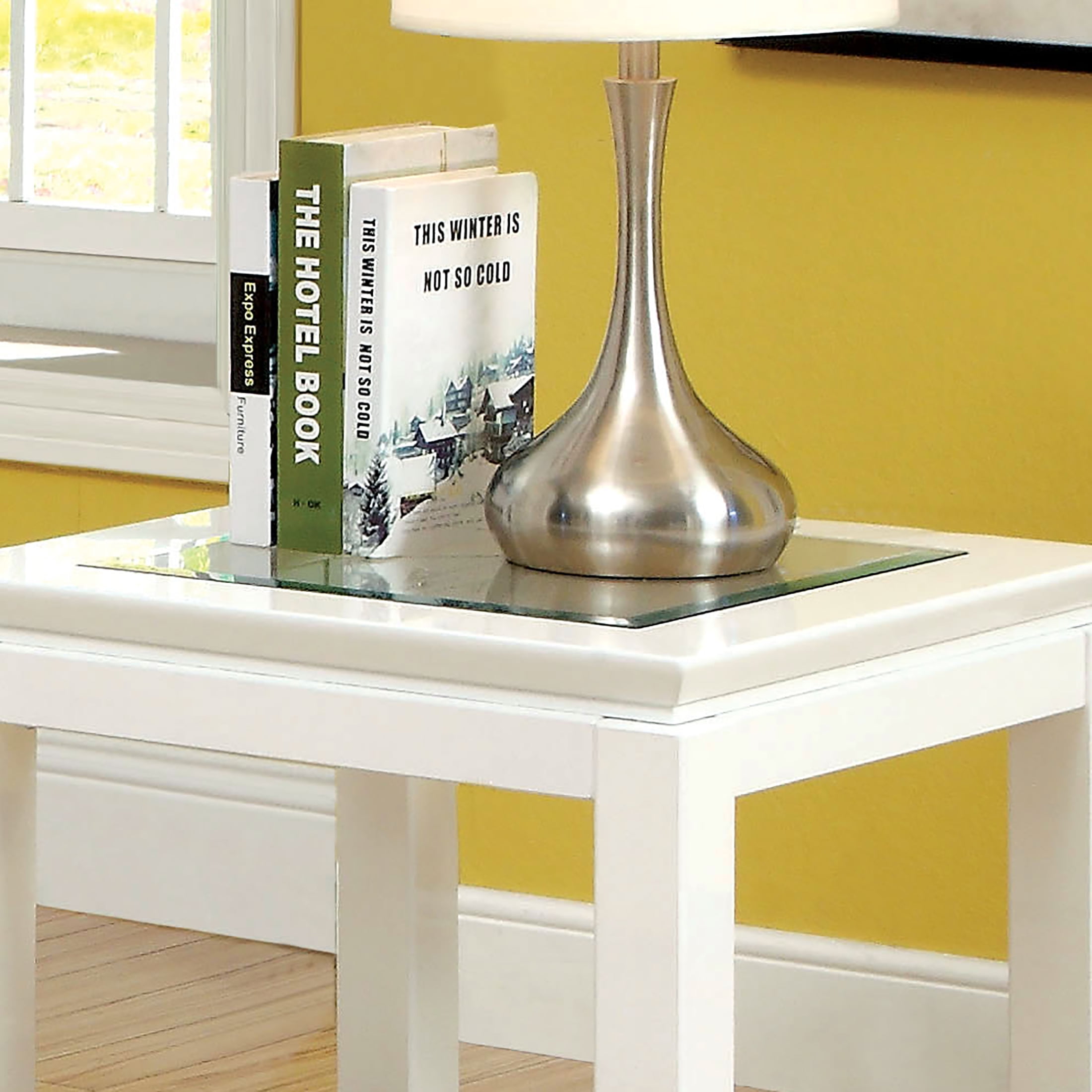 Furniture of America Lalia Glass Top End Table, White