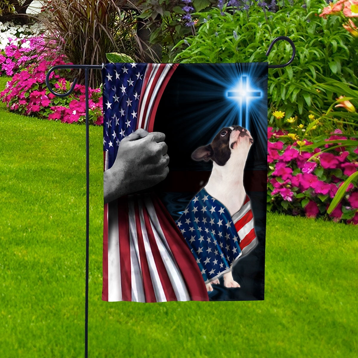 Hand Pulling USA Flag Boston Terrier Dog Wearing Flag American Standing under Cross Christian Patriotic Garden Flag (12x18) Double Sided- Premium Polyester-Decorative Indoor Outdoor Flag