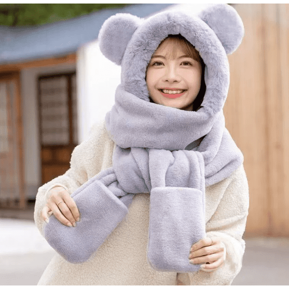 Hooded Scarf for Women Winter, Cute Bear Ear Hat Scarf 3 in 1 Faux Fur Gloves Set Soft Thick Warm Hat