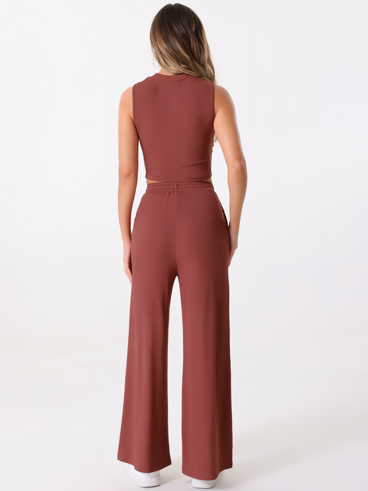 DARING DIVA Women's 2 Piece Sets Crew Neck Crop Tank Wide Leg Pants XL Brick Red
