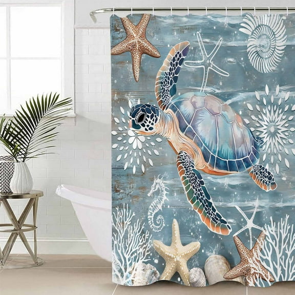 Blue Turtle Coastal Waterproof Fabric Shower Curtain, Summer Beach Nautical Starfish Coral Shower Curtain for Bathroom Curtains Bathtubs Hotel Washable Shower Curtains with 12 Hooks Standard 60x72