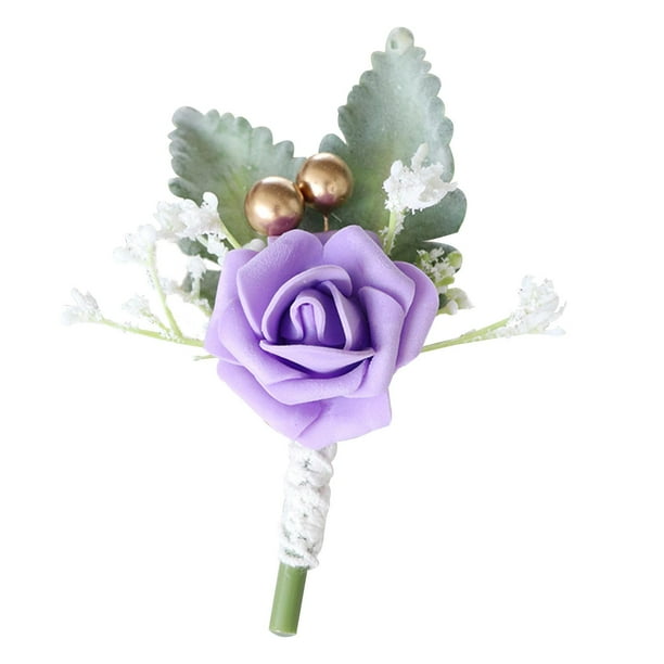 Ramilletes de boda para hombre, flores artificiales de rosas de PE, ramilletes para novios. Violeta