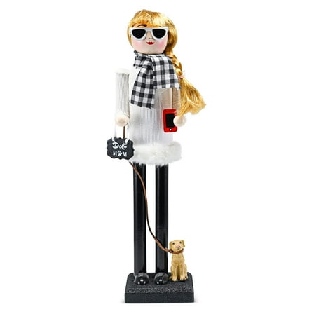 Ornativity Christmas Dog Mom Nutcracker White and Black Wooden, Woman with Dog on Leash & Smartphone
