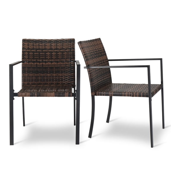 LiteHaven Set of 2 Stackable Outdoor Wicker Dining Chairs All-Weather Firepit Armchair w/Armrests, Steel Frame for Patio, Deck, Garden, Yard - Brown
