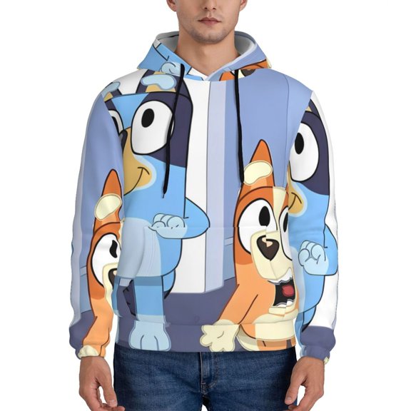 Masiiu Bluey Print Men's Pullover Hoodie with Kangaroo Pocket, Adjustable Drawstring Hood-Small