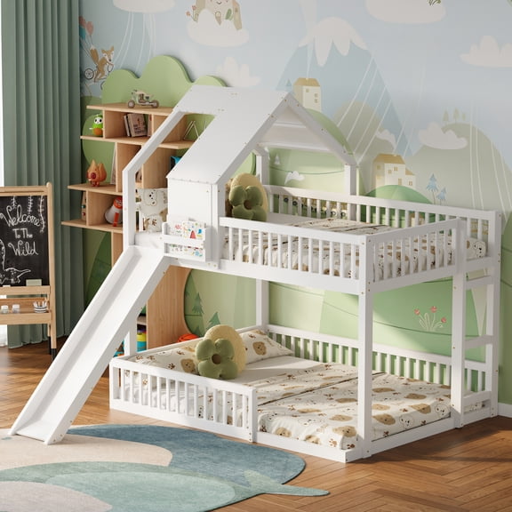 Harper & Bright Designs Floor House Bunk Bed Frame Full XL Over Queen Size with Slide, Wood Bunk Bed Frame with Roof for Boys and Girls, White