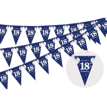 3 Pack 18th Happy Birthday Bunting Banner, 36 Pieces Triangle Flag Navy Blue and Silver, 18th Birthday Decorations, Birthday Pennant Banner for Boys Girls, Birthday Anniversary Theme Party Supplies