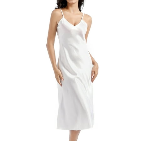 

Homgro Women s Satin Sleep Dress Deep V Neck Silk Nightgown Summer Long Pajama Gown Spaghetti Strap Sleeveless Chemises Tea Length Sleepwear White X-Large