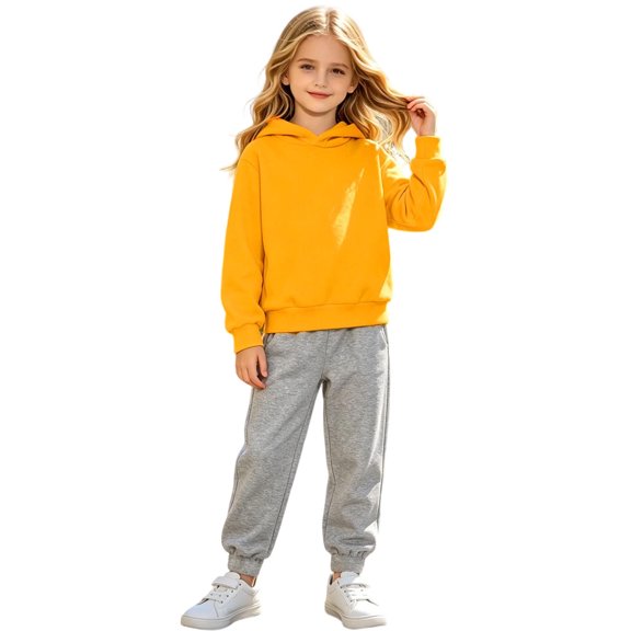 Kids Casual Hoodie and Sweatpants Outfit Solid Color Long Sleeve Hooded Pullover Sweatsuits Jogger Sets for Girls