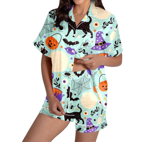 FUZHIQ Halloween 2 Pc Pajamas for Women Active Fit Tee and Shorts Breathable Loungewear for Spring Summer Fall Winter