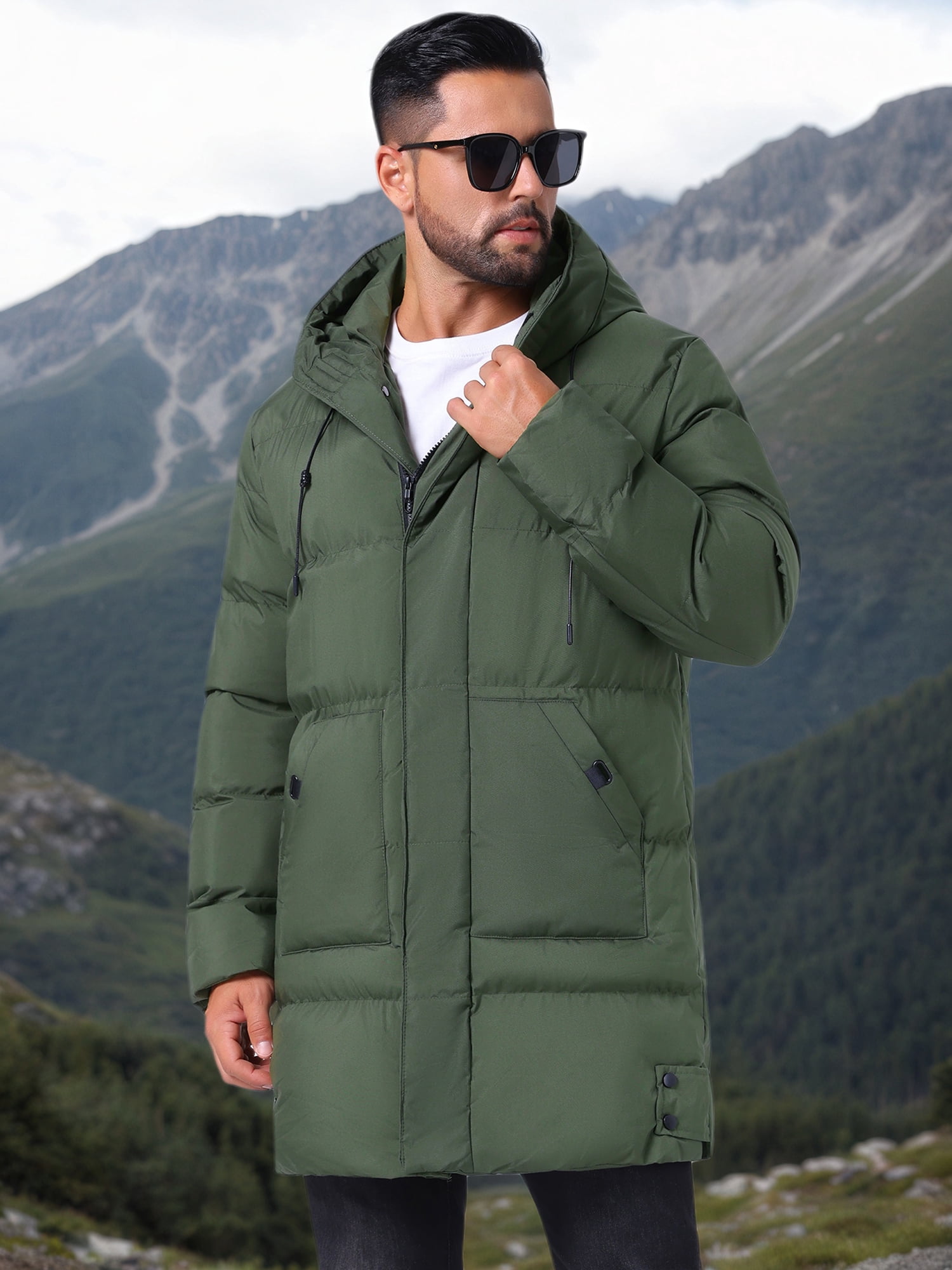 DARING DIVA Men's Mid-Length Outerwear Zipper Quilted Hooded Padded Coat M Dark Green