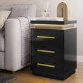 thumbnail image 6 of BELLEZE End Table, Nightstand Beside Table with RF Remote-Controlled LED Lights, Three Drawers, and Gold Metal Handles for Bedroom or Living Room - Zoey (Black), 6 of 7