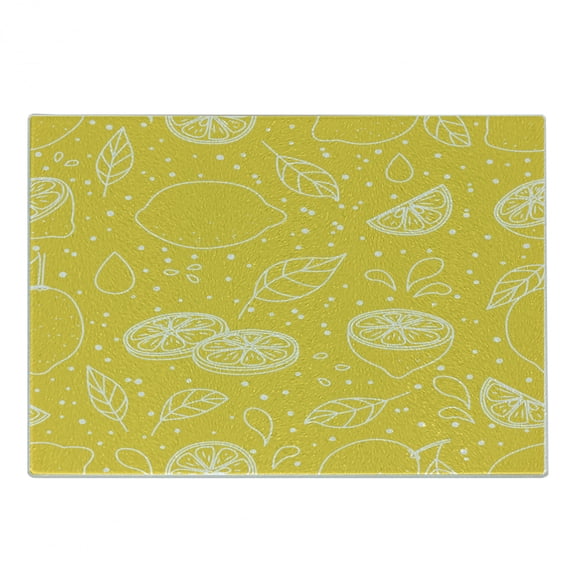 Yellow and White Cutting Board, Fresh Pattern Juicy Lemons Organic Citrus Ripe Fruit Vegetarian, Decorative Tempered Glass Cutting and Serving Board, Small Size, Yellow White, by Ambesonne