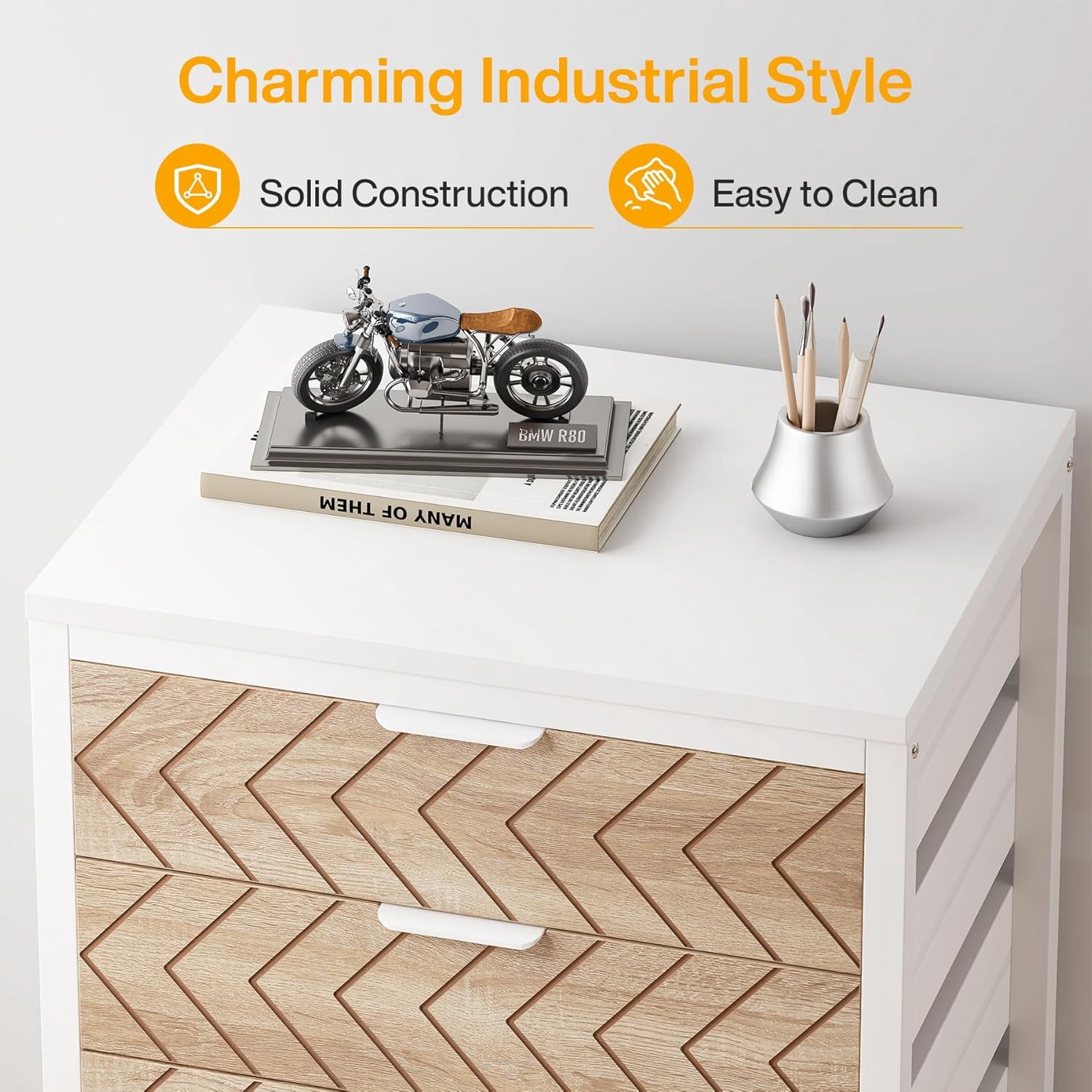 PurelyGoods Drawer Unit, Industrial Office Cabinet with Drawers & Wheels, Rolling Printer Stand for Home Office, Beige & White