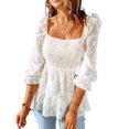 thumbnail image 1 of Camisa de mujer Camiseta superior Camiseta con cuello cuadrado Blusa ahumada Manga 3/4 con volantes Poliéster para primavera verano, 1 of 6
