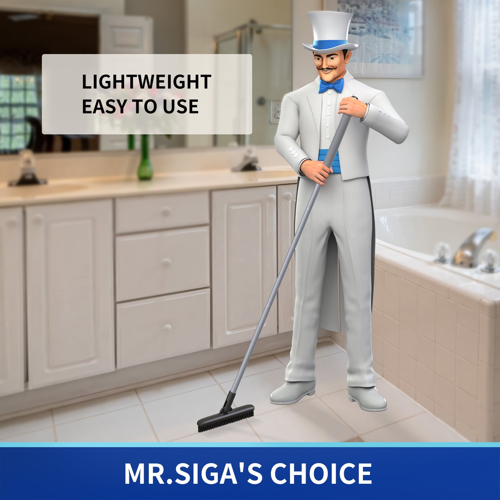 MR.SIGA Heavy Duty Grout Scrub Brush with Long Handle, Shower Floor Scrubber for Cleaning,Black