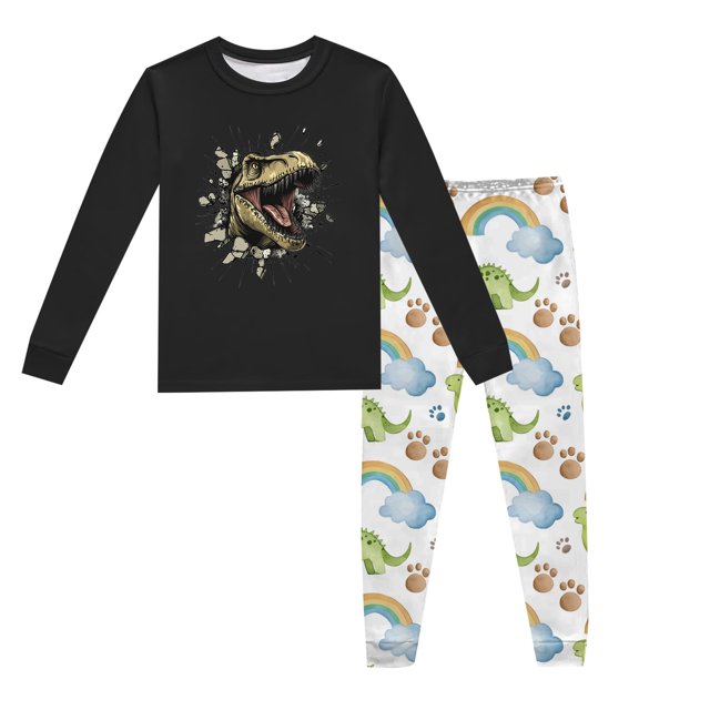 Pyjama Bebe Garcon Children's Dinosaur Printed Crew Neck Long Sleeve Top Pants 2 Piece Spring Fall Pajama Set Pyjama Bébé Black 6 Years-7 Years