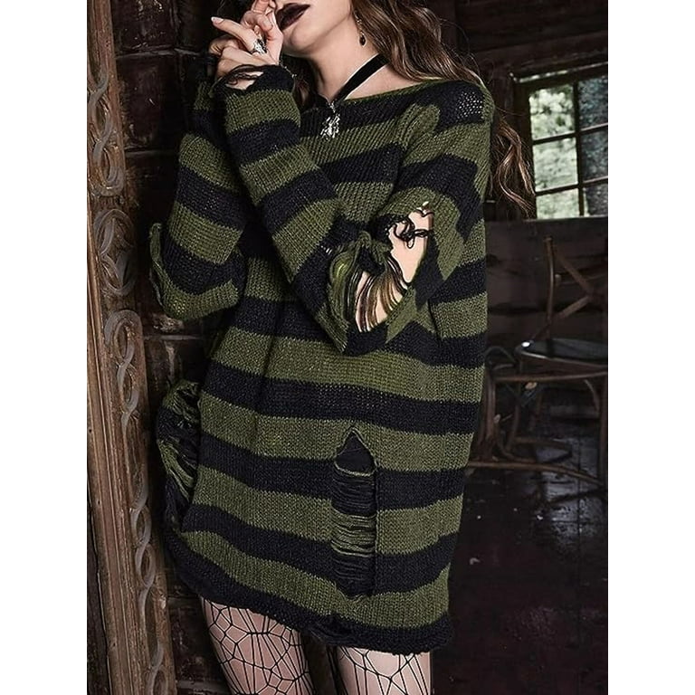 Elippeo Womens Grunge Loose Sweater Dress Stripe Print Ripped Round Neck Long Sleeve Grunge Sweaters Walmart