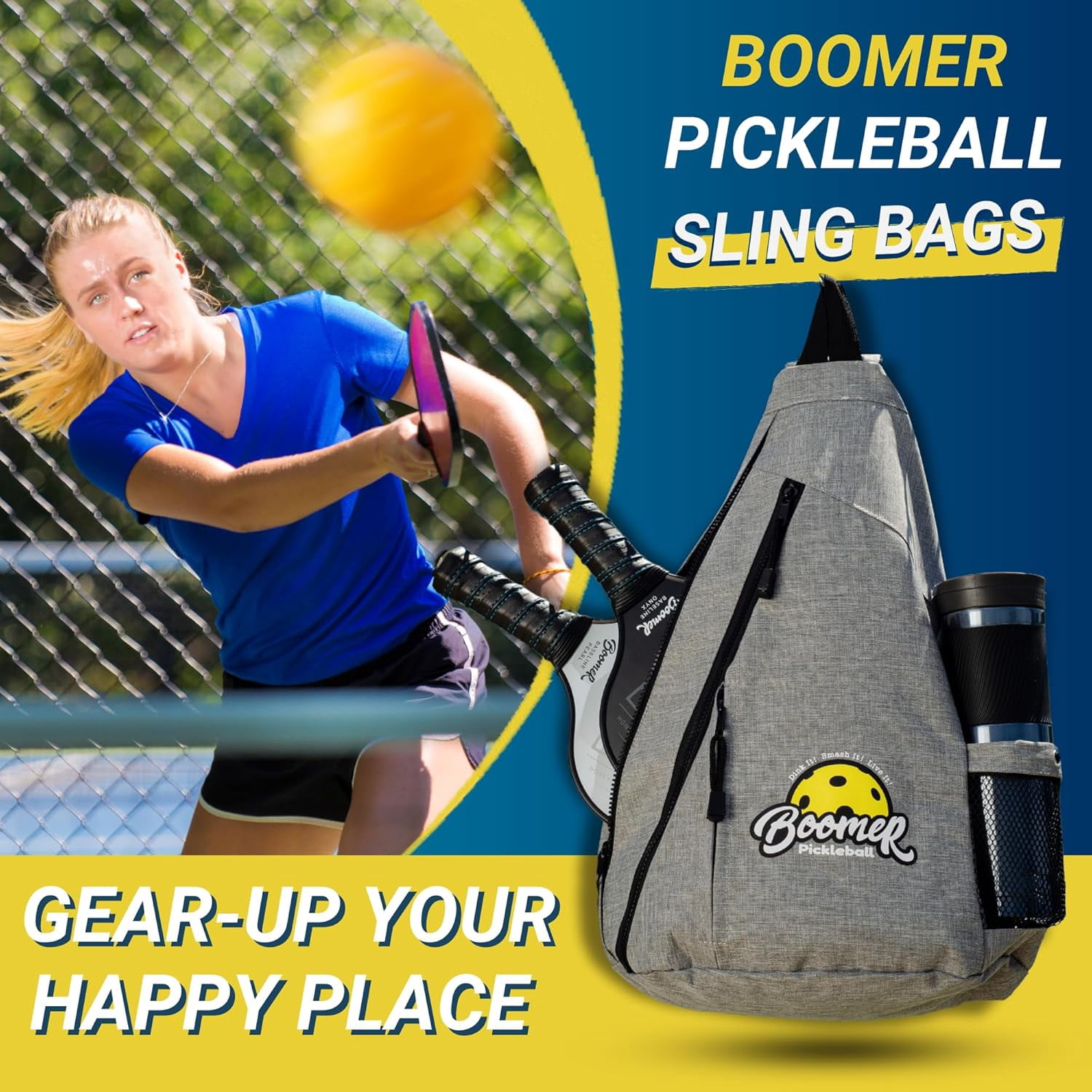 Boomer Pickleball Sling Bag with Paddle Storage, 3 Zipper Compartments, Water Bottle Pocket, Fence Clip