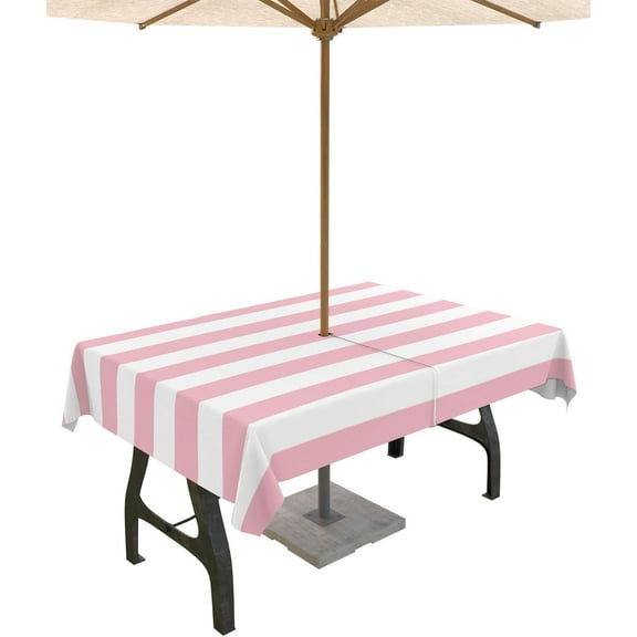 Outdoor Tablecloth Pink and White Stripes Rectangle Patio Tablecloths 60x84, Waterproof Table Cloths with Umbrella Hole and Zipper, Striped Simple Summer Table Cover for Outdoor Tables Garden