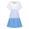 thumbnail image 5 of CHOK Robe Mini Décontractée pour Femme Grande Taille Été Ample Mode Patchwork Col en V à Rayures à Pois Manches Courtes Volant Ourlet à Étages en Lin Robe de Plage Soleil en Liquidation, 5 of 5