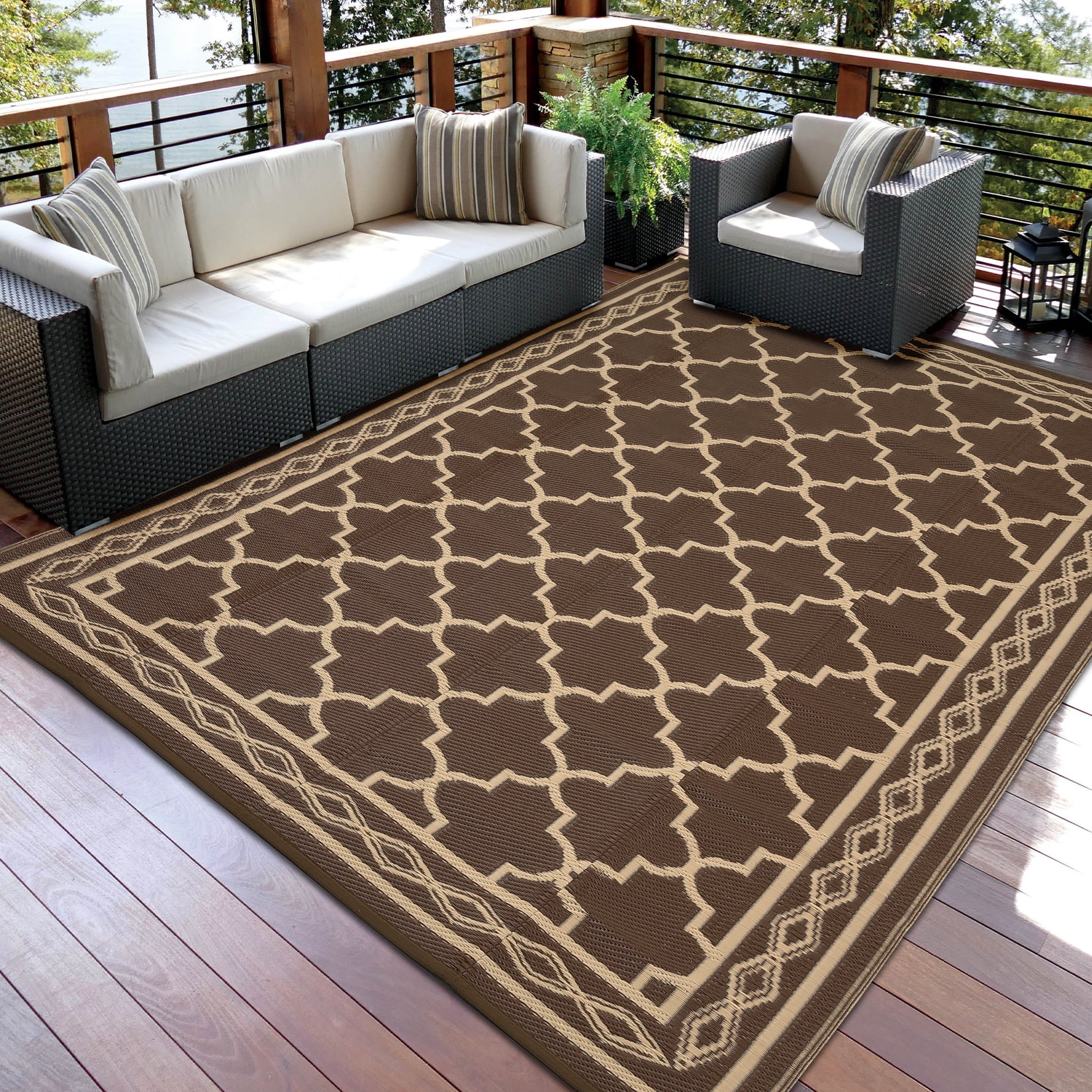 Garvee Outdoor Rug 10x20ft Waterproof for Patios, Reversible Plastic Straw Rug Camping Carpet Mats for RV, Picnic, Backyard, Deck, Balcony, Beach, Brown