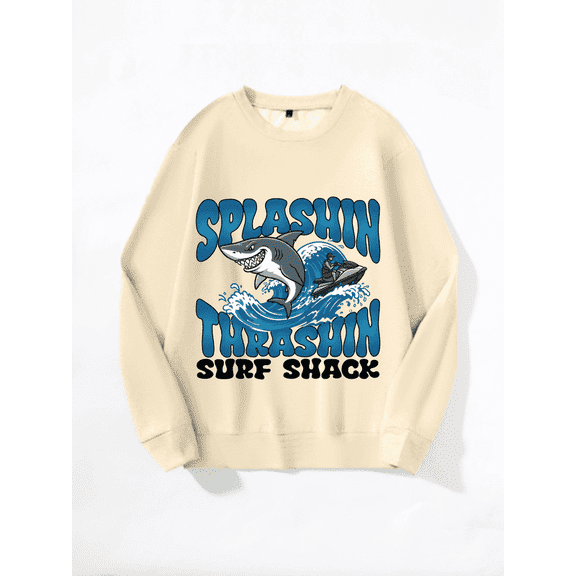 Whichone Men's Crewneck Sweatshirt "Splashin Thrashin Surf Shack" Shark Wave Graphic 100% Polyester Long Sleeve