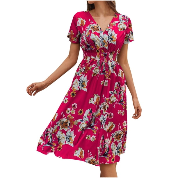 Vestidos Para Mujer Midi Vestidos de Moda Casual Casual de Manga Corta Con Cuello en V Vestido Estampado Floral Odeerbi ODB166370