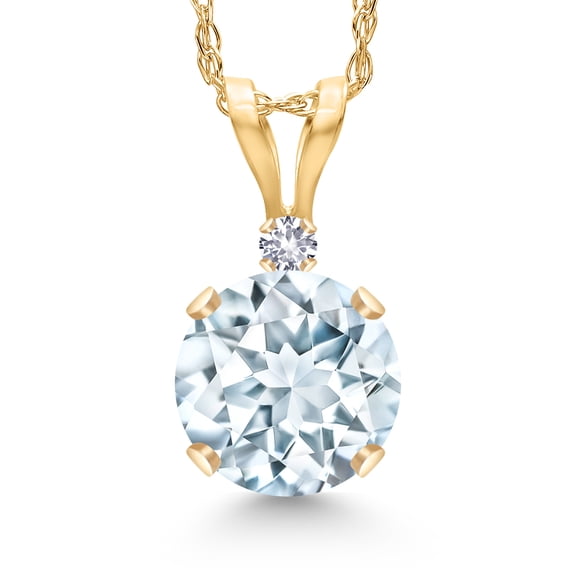 Gem Stone King 14K Yellow Gold Sky Blue Aquamarine and White Created Sapphire Pendant Necklace for Women | 0.77 Cttw | Gemstone March Birthstone | Round 6MM | With 18 inch Chain
