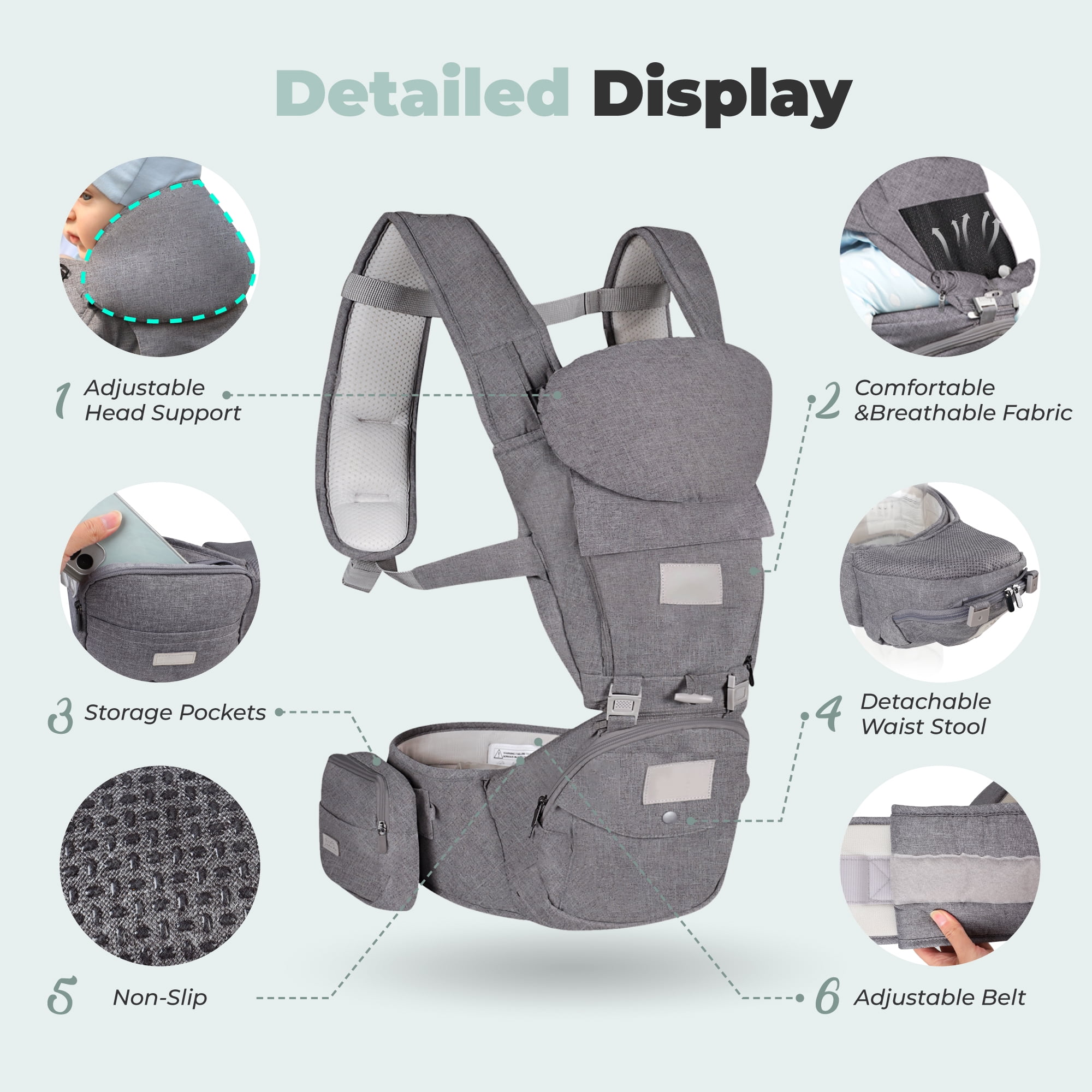 Scafild | 6-in-1 Baby Carrier with Waist Stool Hip Seat&Head Support for Breastfeeding Newborn Infant Toddler - Light Gray