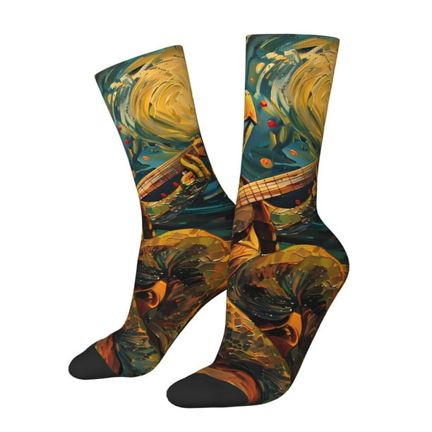Fotbe Starry Night Guitar Turtle Calcetas Largas con Estampado para Hombre y Mujer – Calcetas de Compresión Transpirables y Elásticas, Viajar y Uso Diario Talla 5-11