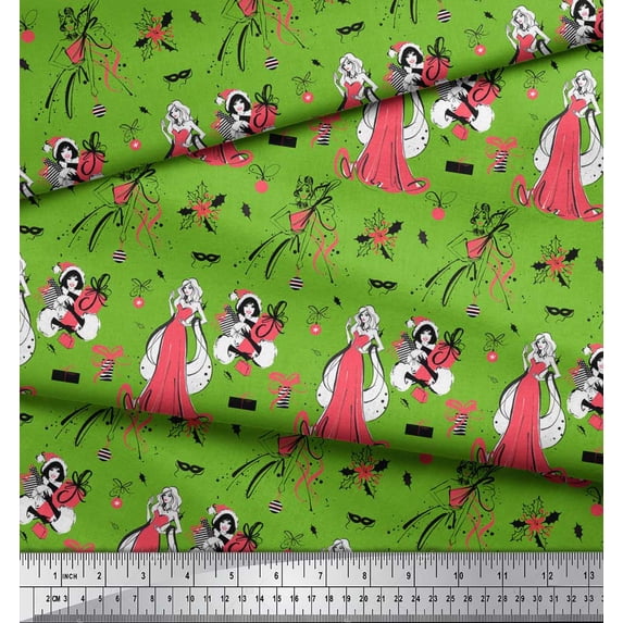 Soimoi Green Rayon Crepe Fabric Holly Leaves,Gift Box & Shopper Women Fashion Fabric Prints By Yard 46 Inch Wide