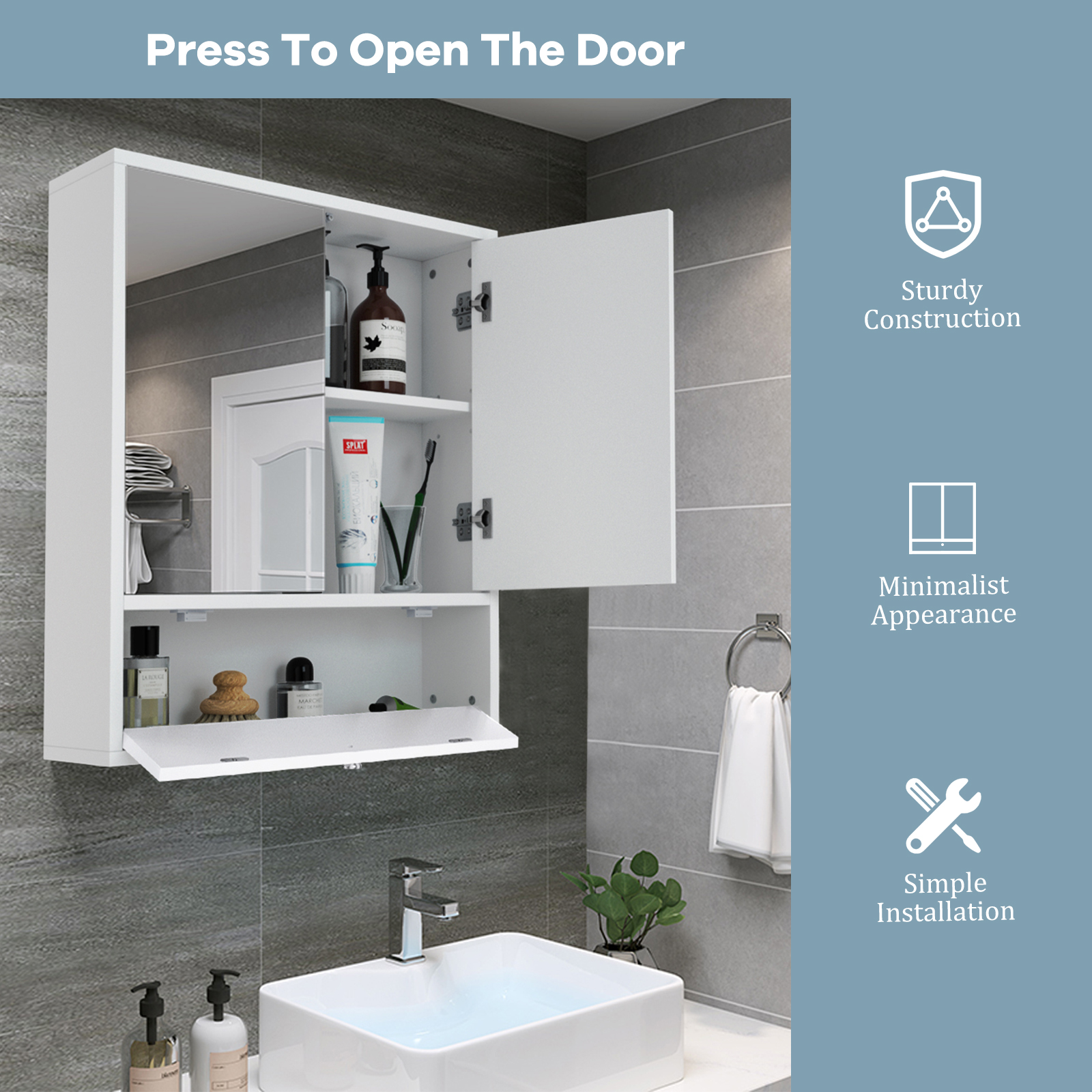 Costway Bathroom Cabinet Medicine Cabinet Double Mirror Door Wall Mount Storage Wood Shelf White