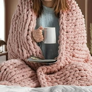 Hearth & Stone Chunky Knit Blanket Throw 50x60 Soft Chenille Yarn Knitted Adult Blanket, Blush Pink